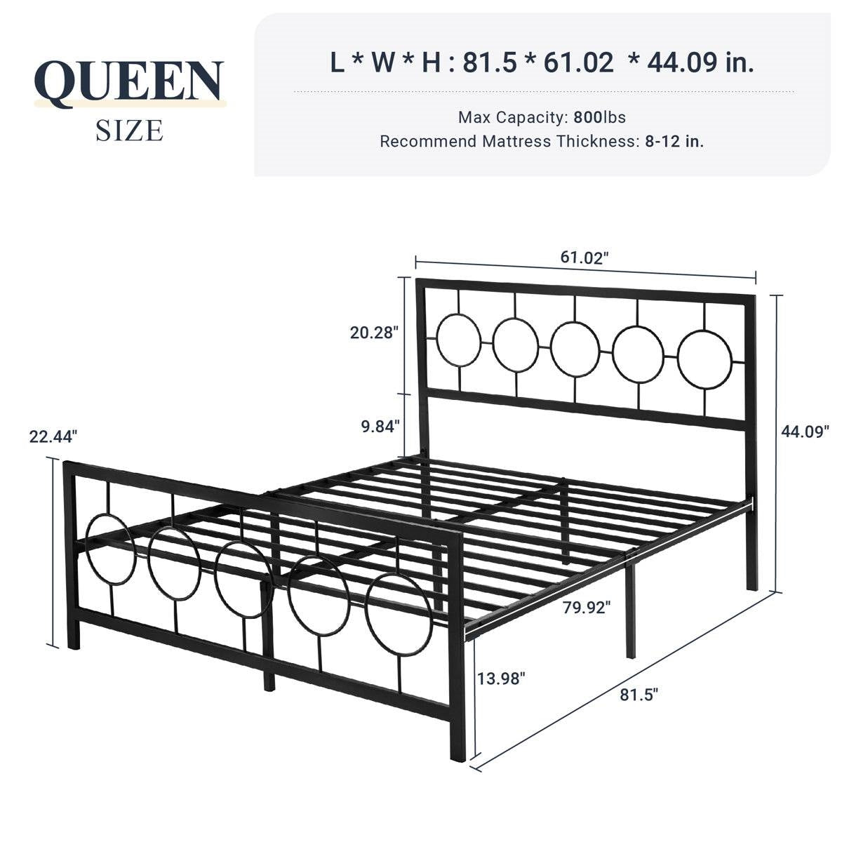 Queen Black Metal Platform Bed Frame with Circle Medallion Headboard Footboard-4