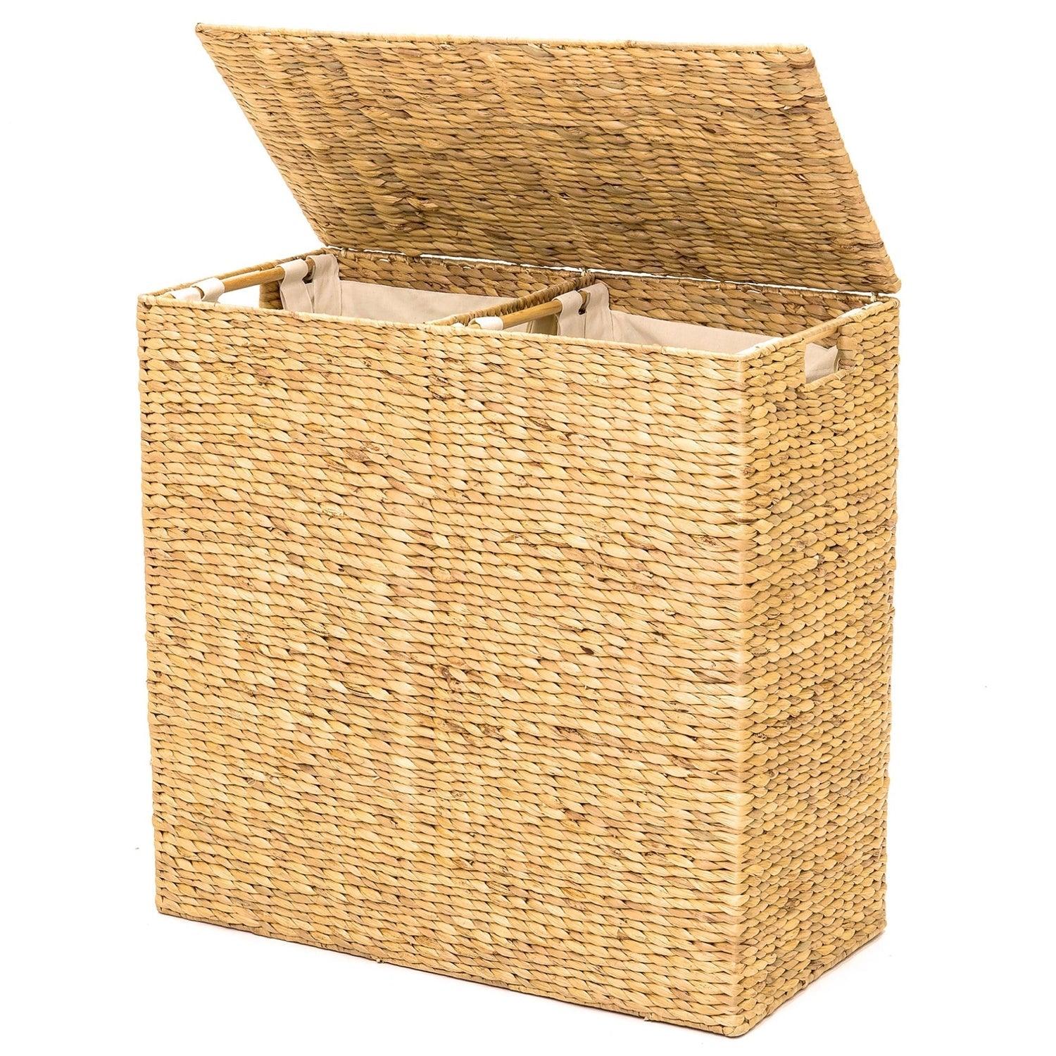 Natural 2-Bin Handwoven Hyacinth Linen Liner Laundry Hamper w/ Handles - PRHOMZ