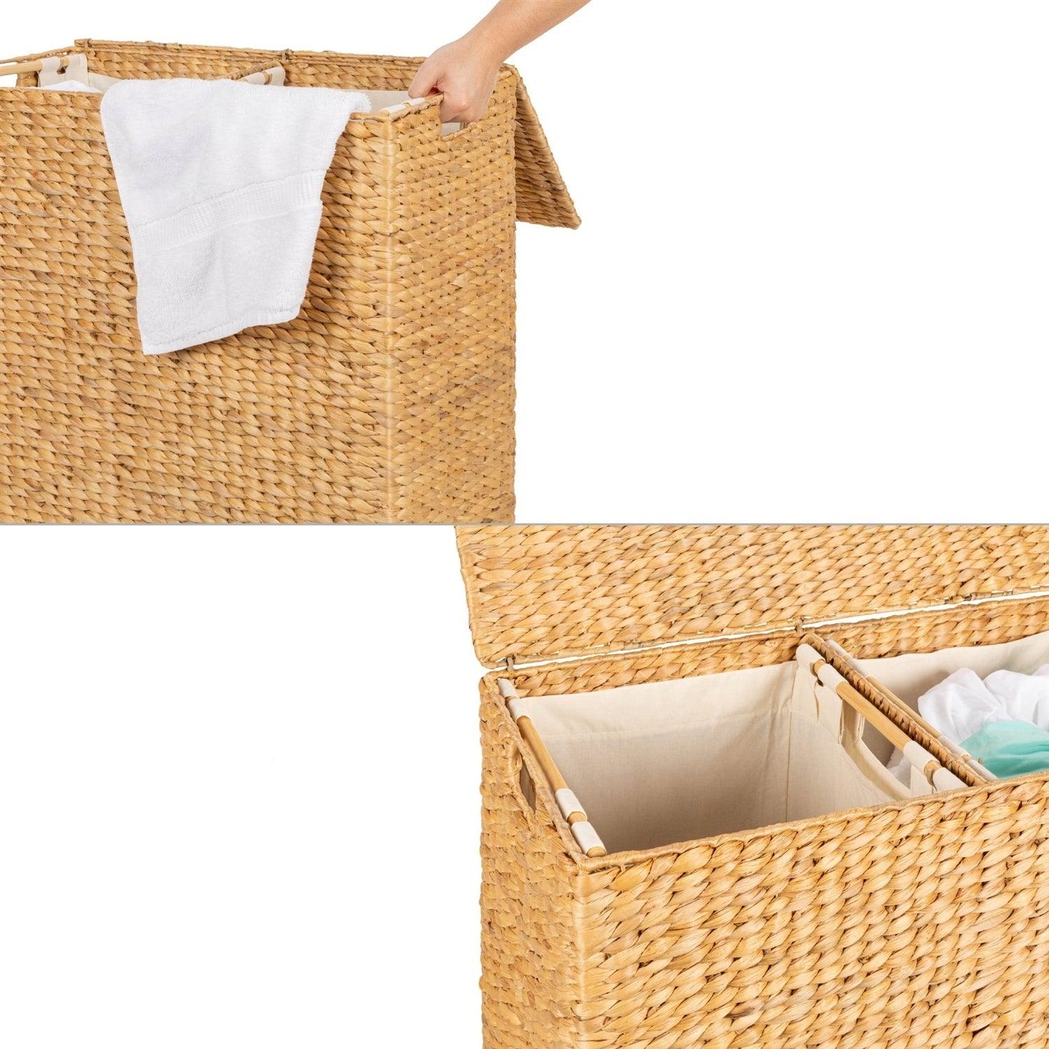 Natural 2-Bin Handwoven Hyacinth Linen Liner Laundry Hamper w/ Handles - PRHOMZ