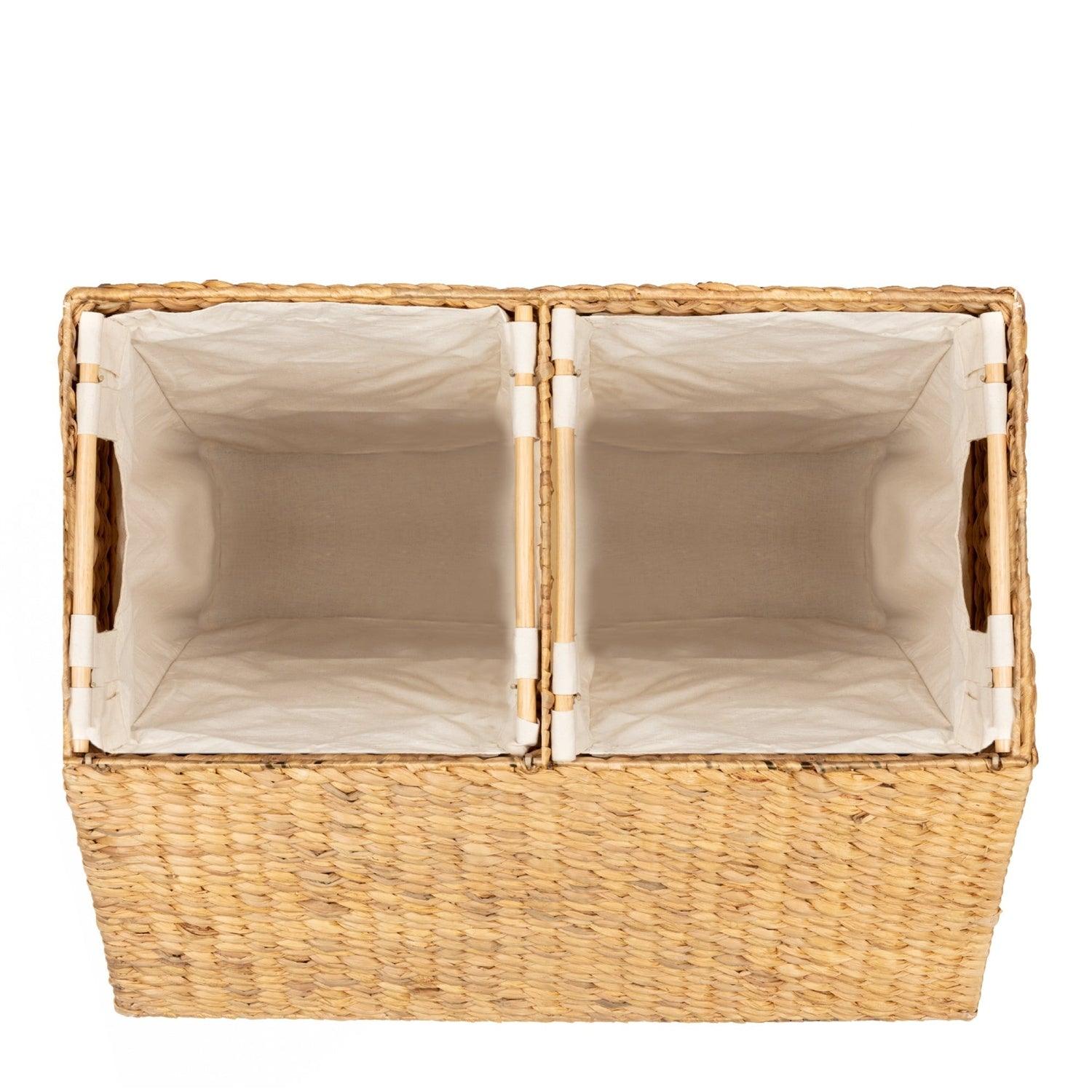 Natural 2-Bin Handwoven Hyacinth Linen Liner Laundry Hamper w/ Handles - PRHOMZ