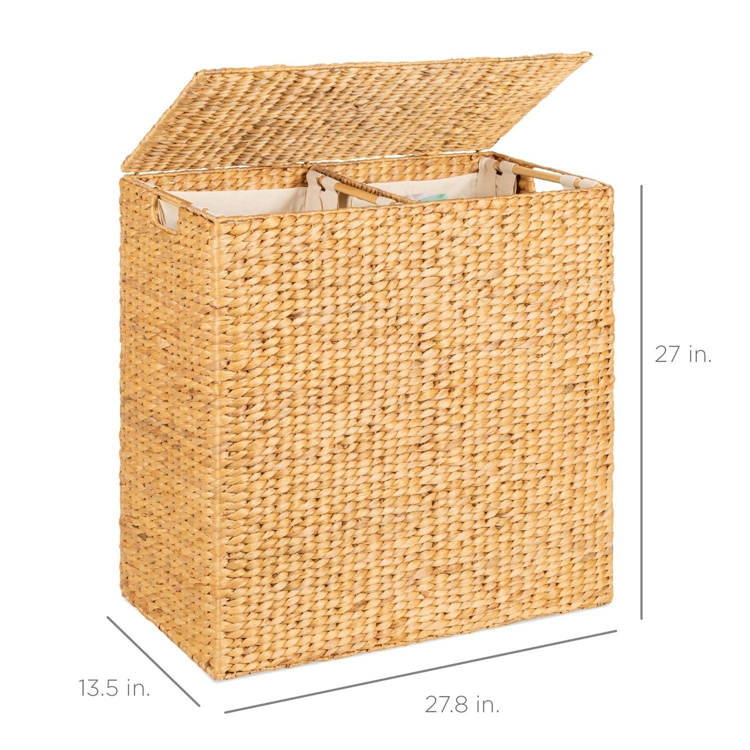 Natural 2-Bin Handwoven Hyacinth Linen Liner Laundry Hamper w/ Handles - PRHOMZ
