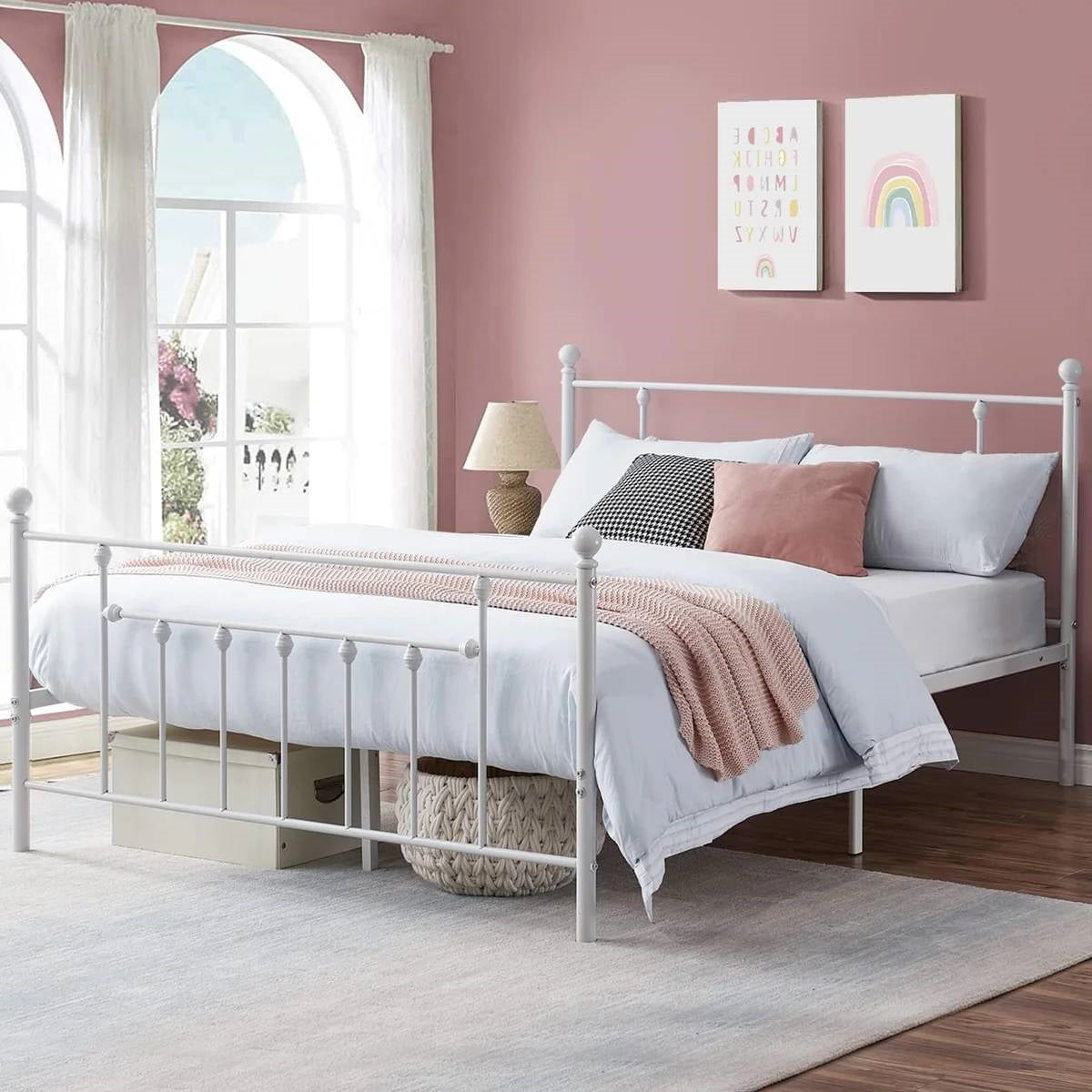Queen size Vintage Style White Metal Platform Bed Frame with Headboard Footboard-0