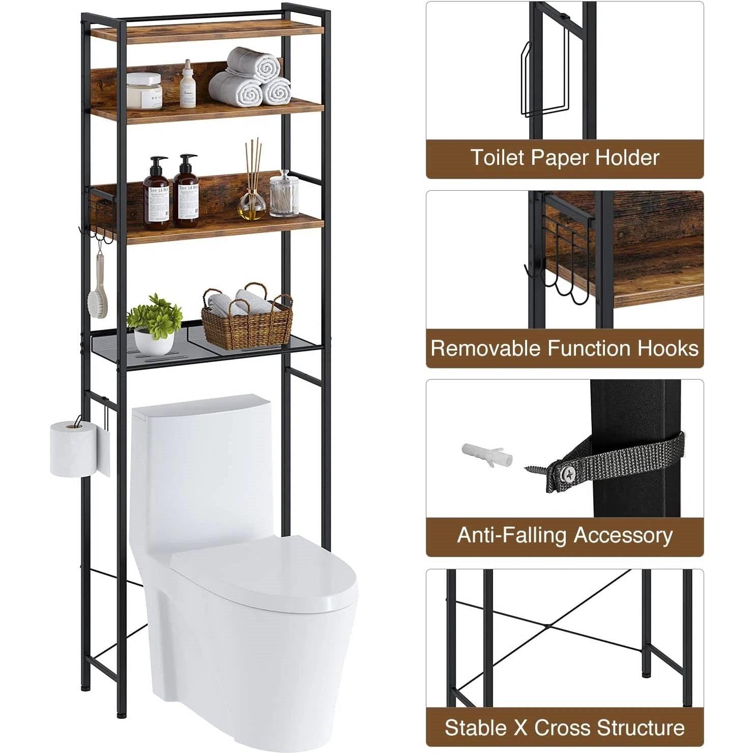 Over the Toilet Storage Freestanding Modern Black Metal Brown Wood Shelving Unit - PRHOMZ