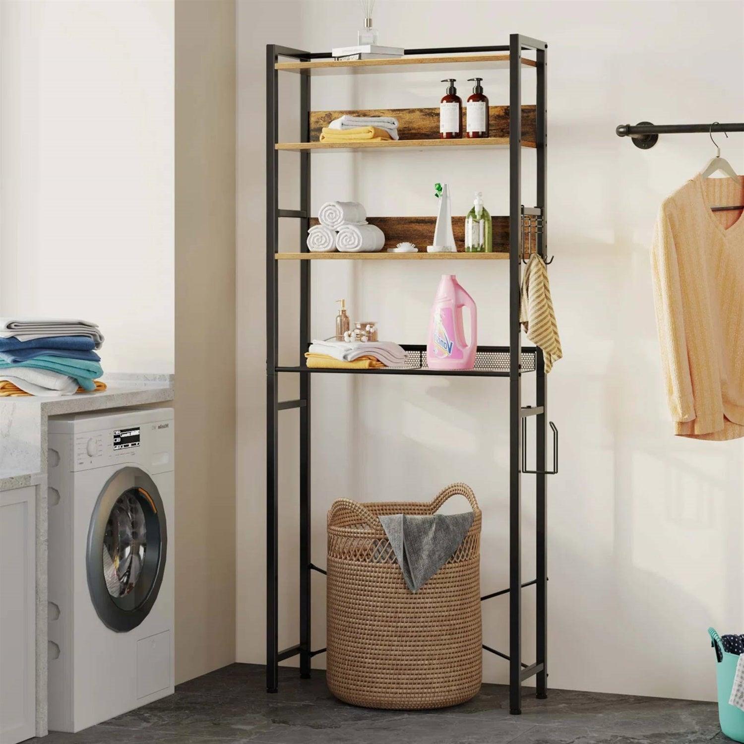 Over the Toilet Storage Freestanding Modern Black Metal Brown Wood Shelving Unit - PRHOMZ
