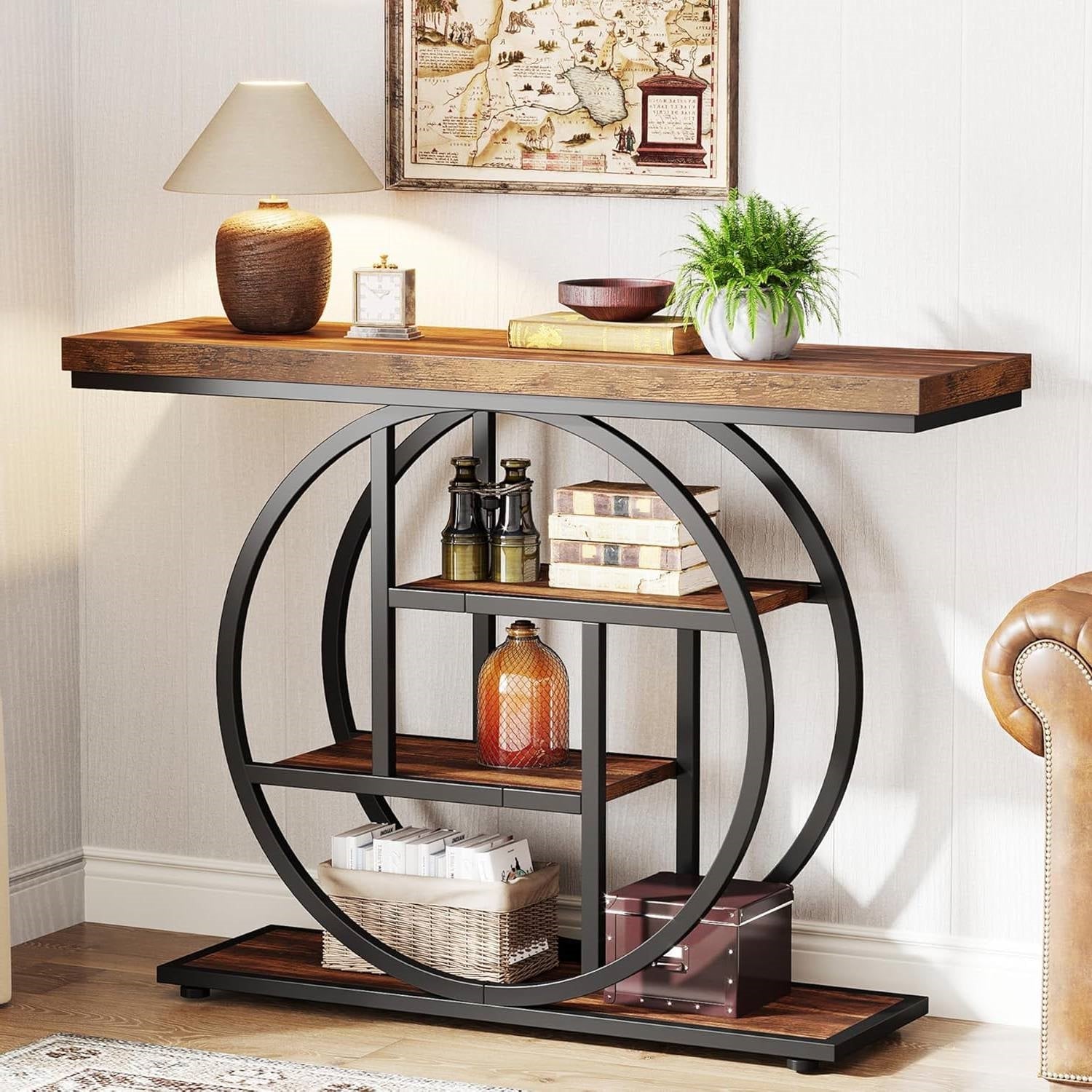 Modern Industrial 41-inch Long Narrow Entryway Foyer Console Table with Shelves-1