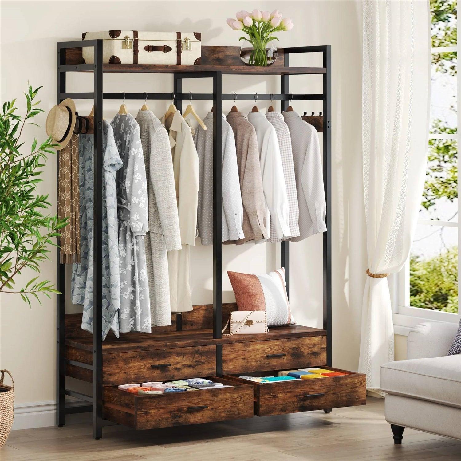 Heavy Duty Brown Black Garment Rack Clothes Hanging Rod with 4 Storage Drawers - PRHOMZ