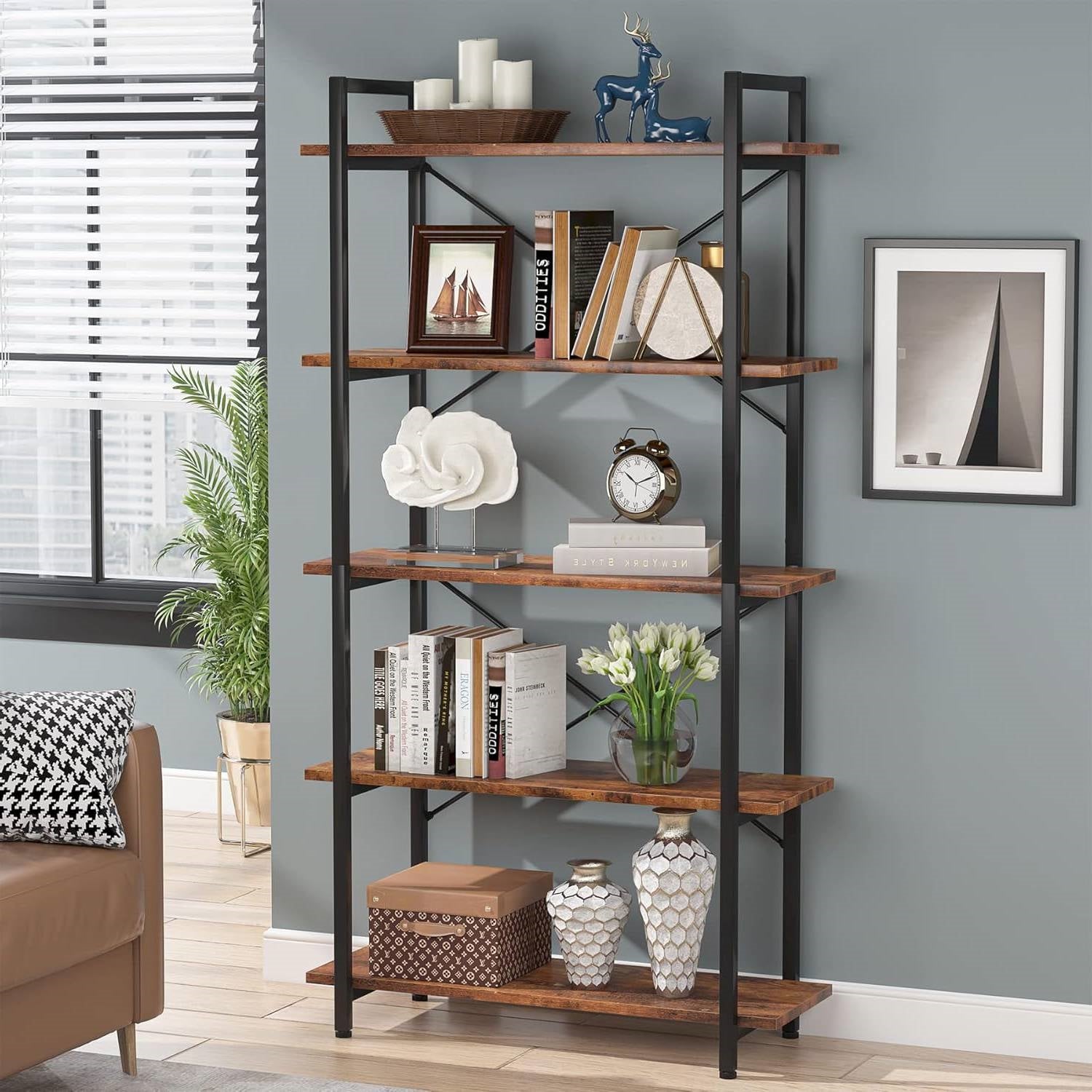 Modern Industrial 5-Shelf Bookcase with Sturdy Metal Frame and Wooden Shelves-1