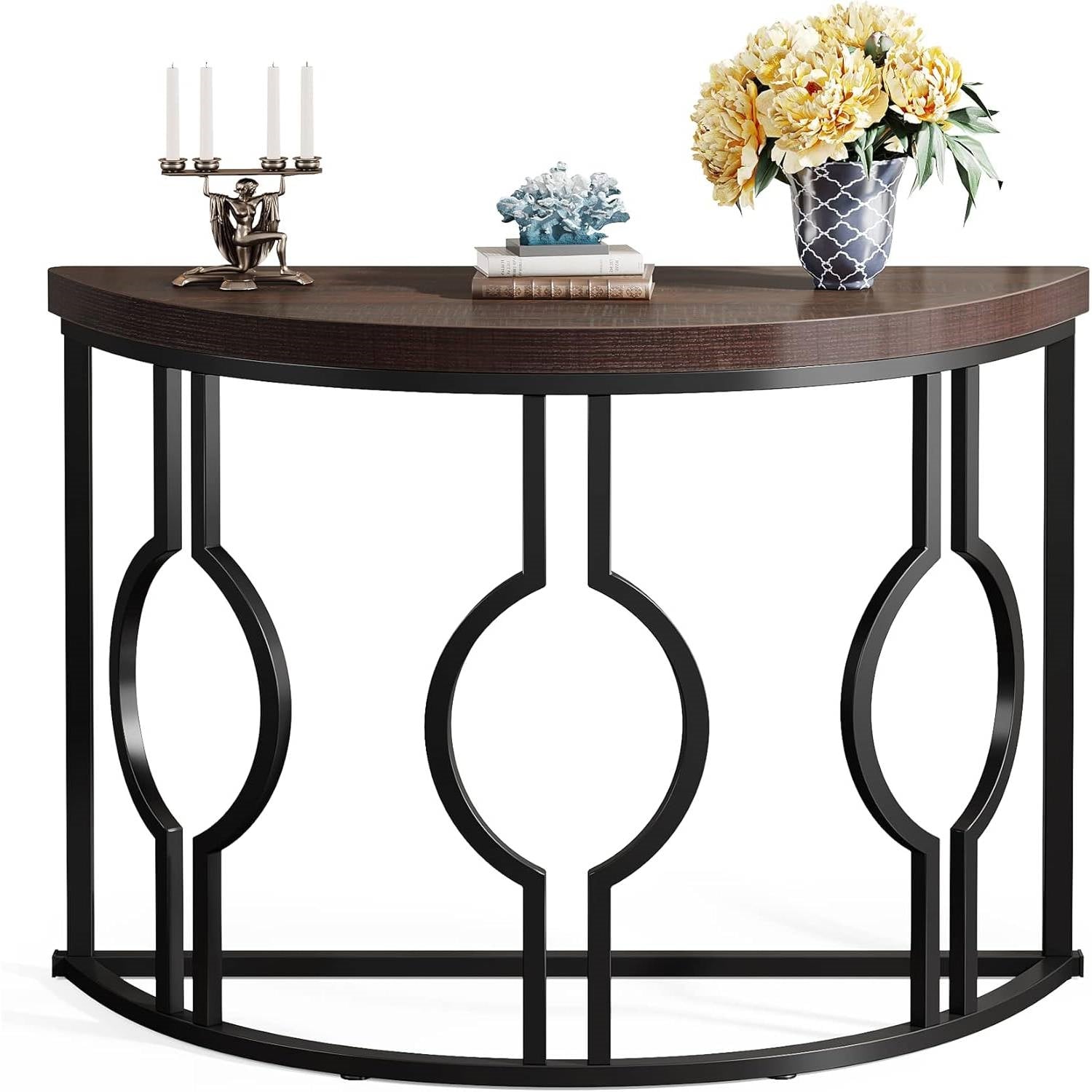 Modern 43-inch Half Moon Accent Console Table with Brown Wood Top Black Frame-0