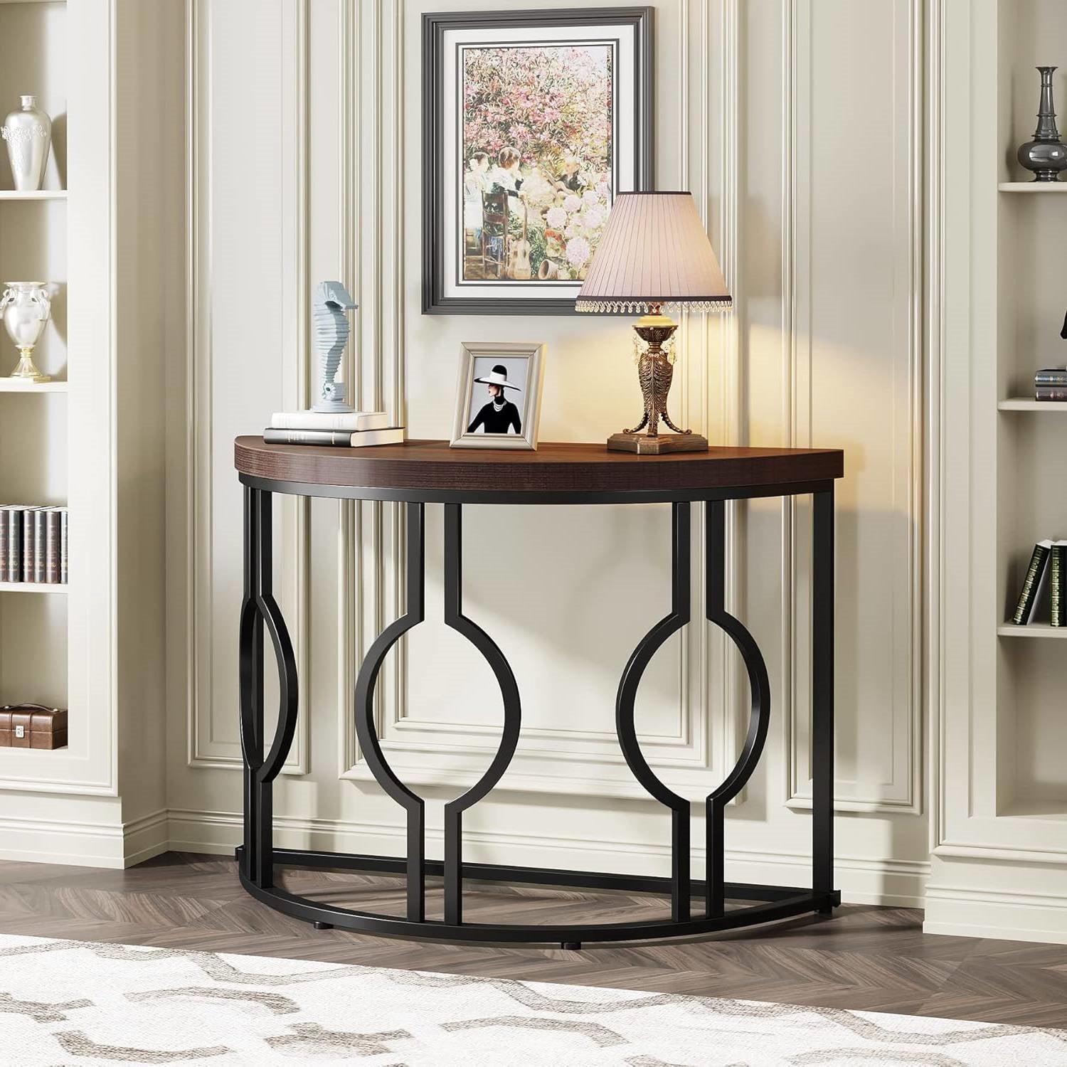 Modern 43-inch Half Moon Accent Console Table with Brown Wood Top Black Frame-2