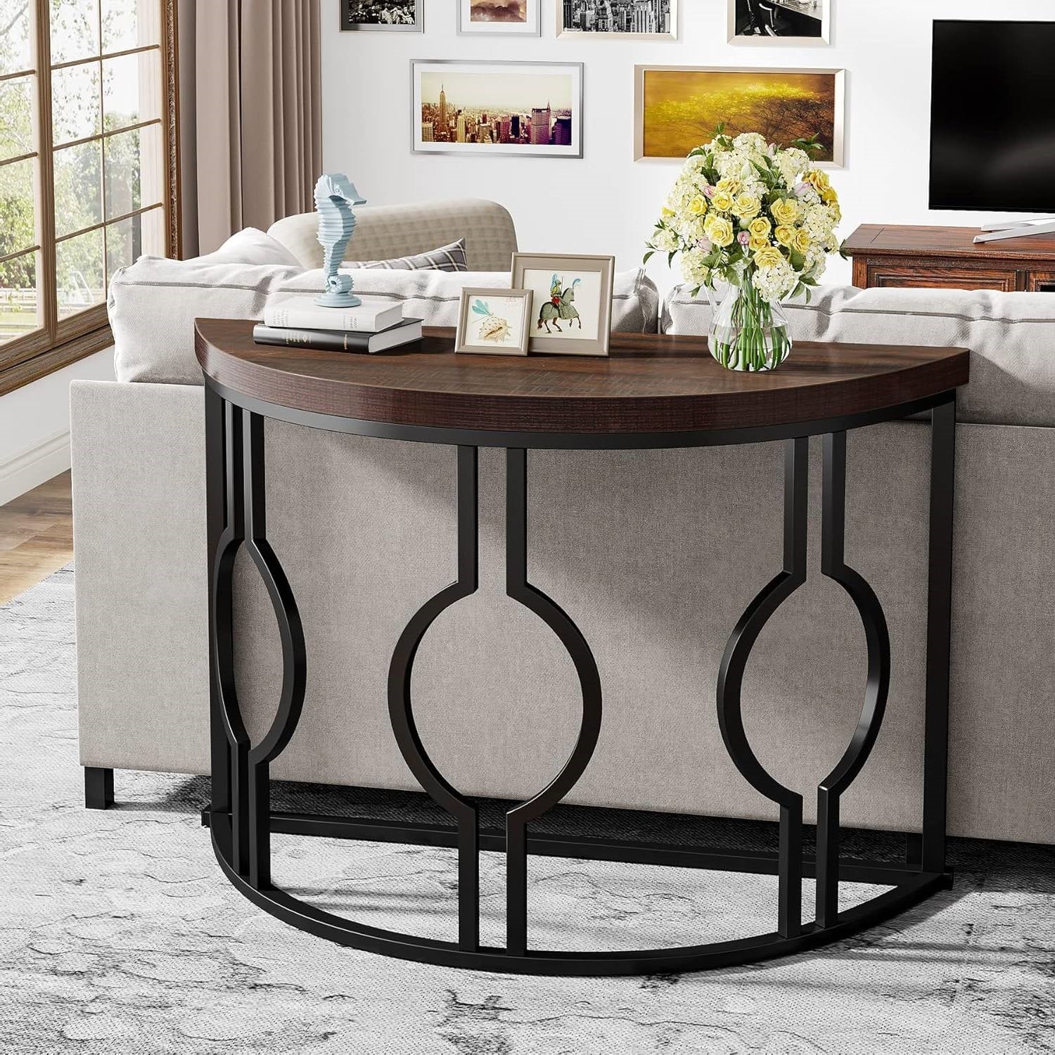 Modern 43-inch Half Moon Accent Console Table with Brown Wood Top Black Frame-3