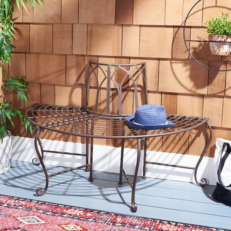 Outdoor Patio Garden Rustic Bronze Brown Wrought Iron Half-Circle Tree Bench-0