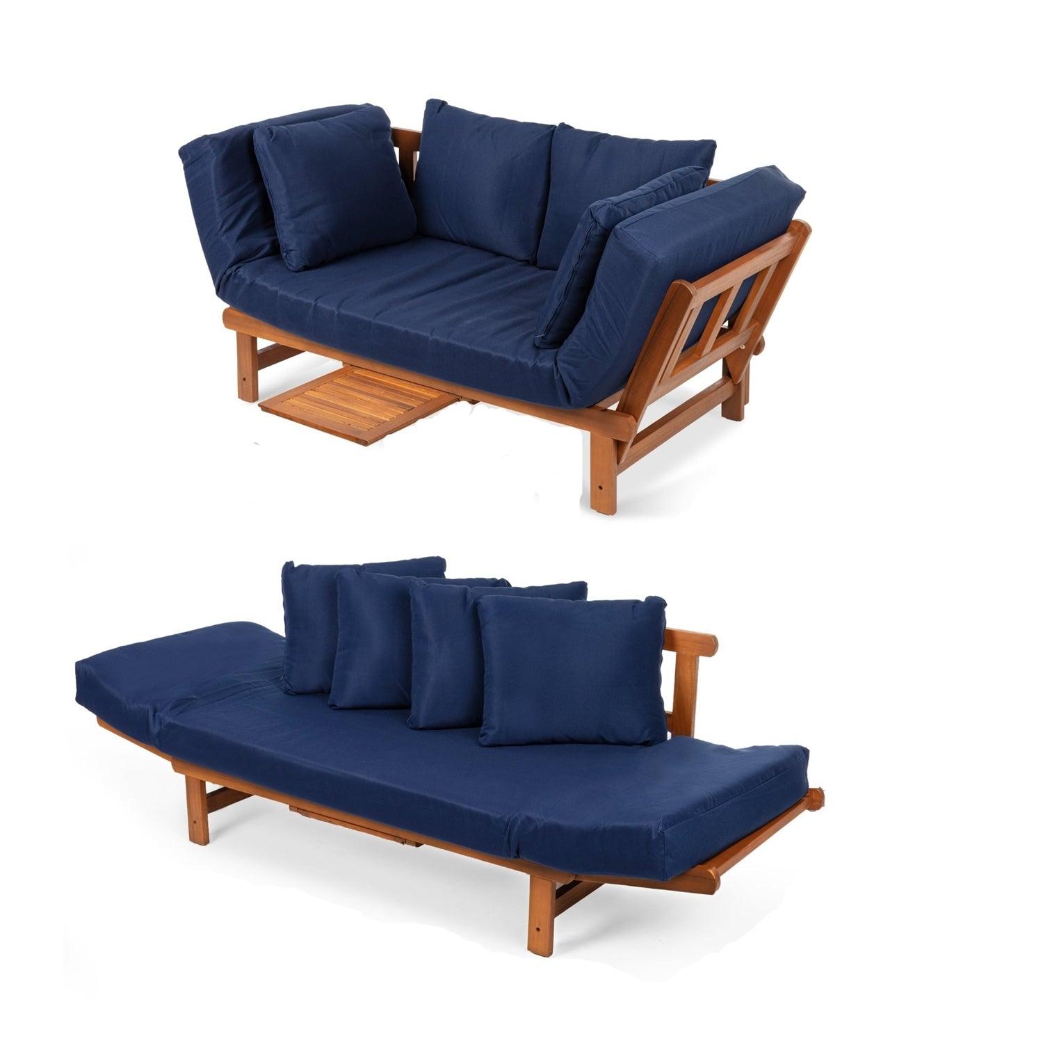 Navy Blue Outdoor Acacia Wood Convertible Sofa Futon with 4 Removable Pillows - PRHOMZ