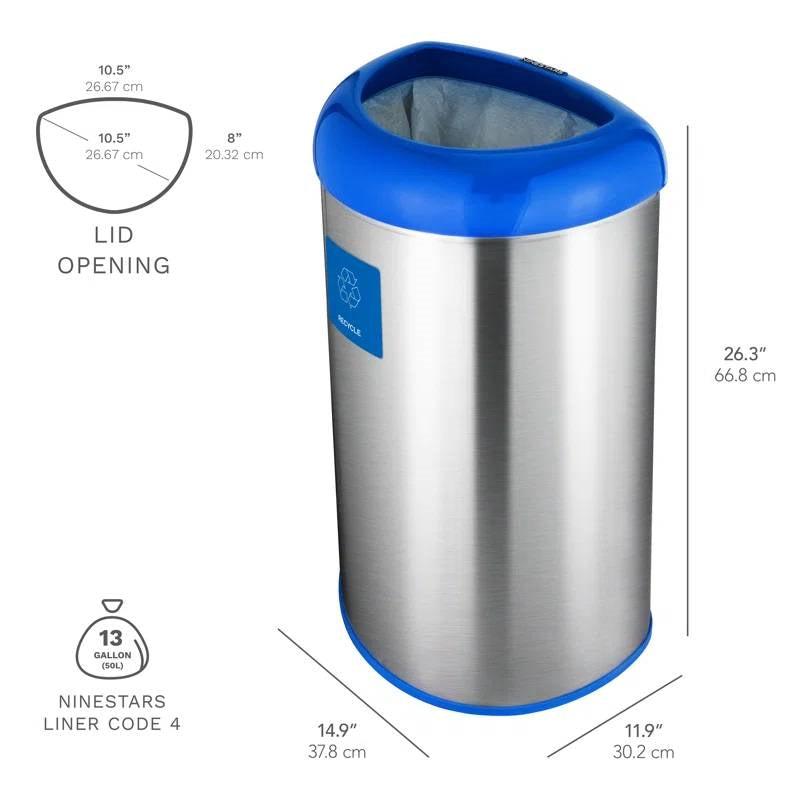 13-Gallon Stainless Steel Recycle Bin with Blue Open Top-4