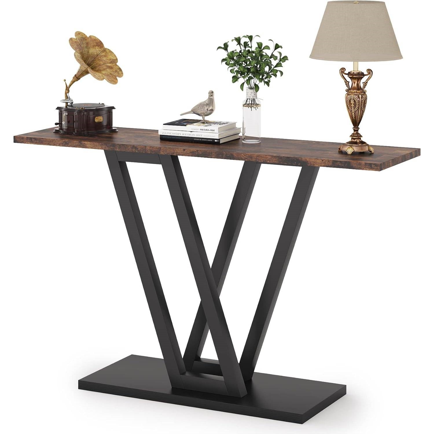 Modern 43-inch Narrow Entryway Table with Brown Wood Top and Black Metal Frame-0
