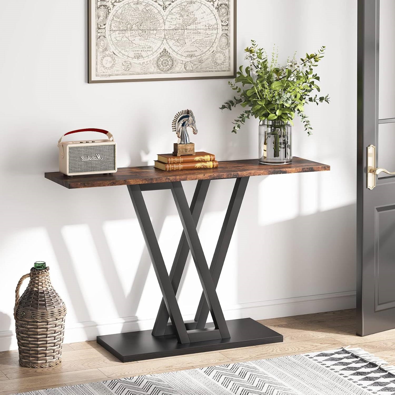 Modern 43-inch Narrow Entryway Table with Brown Wood Top and Black Metal Frame-1