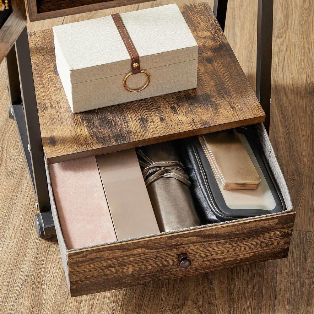 Modern Industrial Metal Wood Jewelry Armoire Cabinet Organizer Mirror on Wheels - PRHOMZ