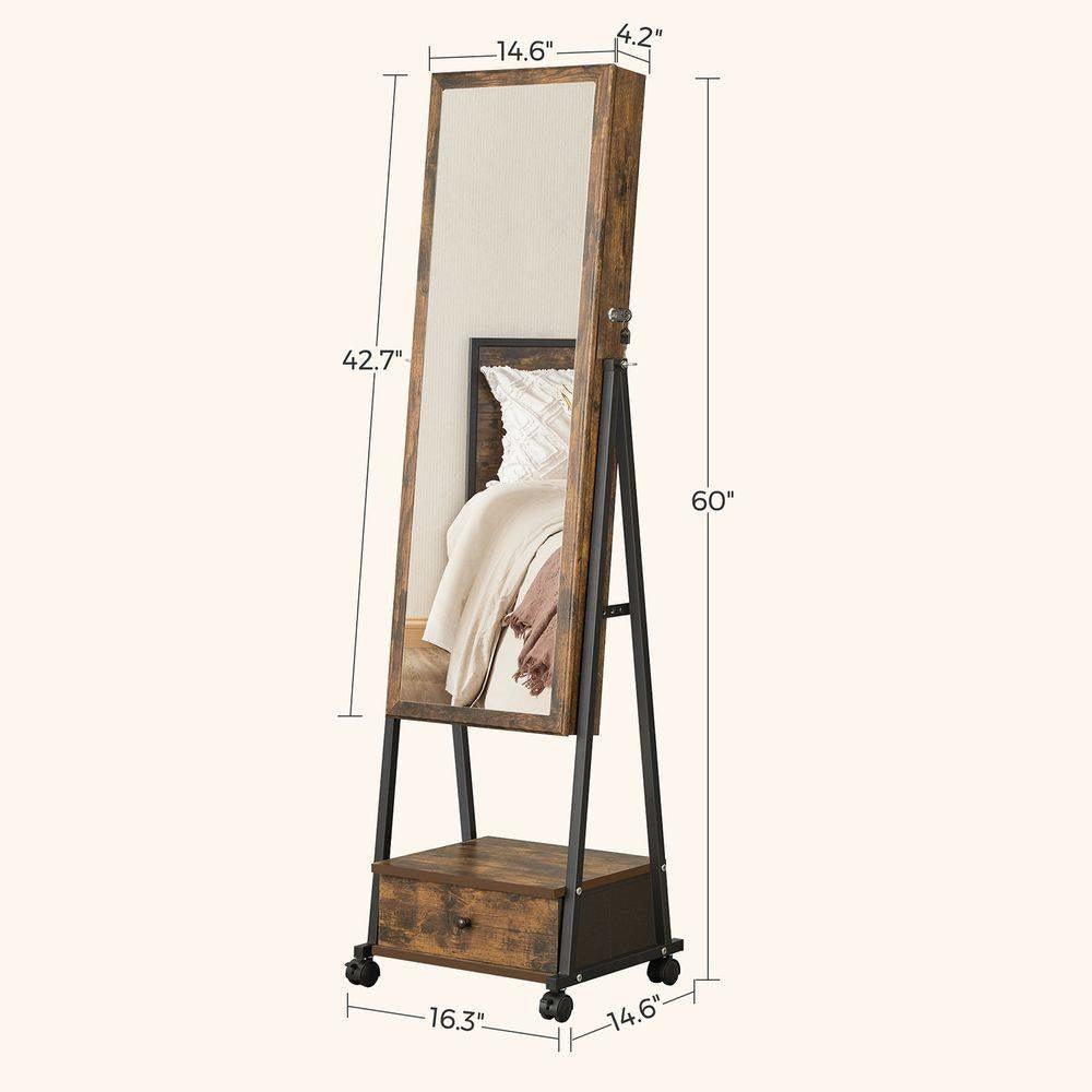 Modern Industrial Metal Wood Jewelry Armoire Cabinet Organizer Mirror on Wheels - PRHOMZ