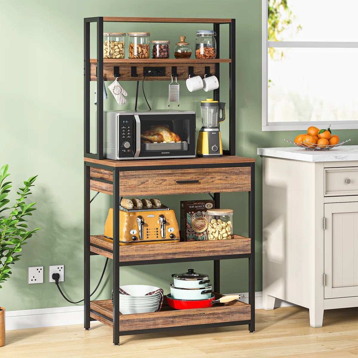 Modern Baker's Rack Shelving Unit with Pull-Out Shelves and Storage Drawer-0