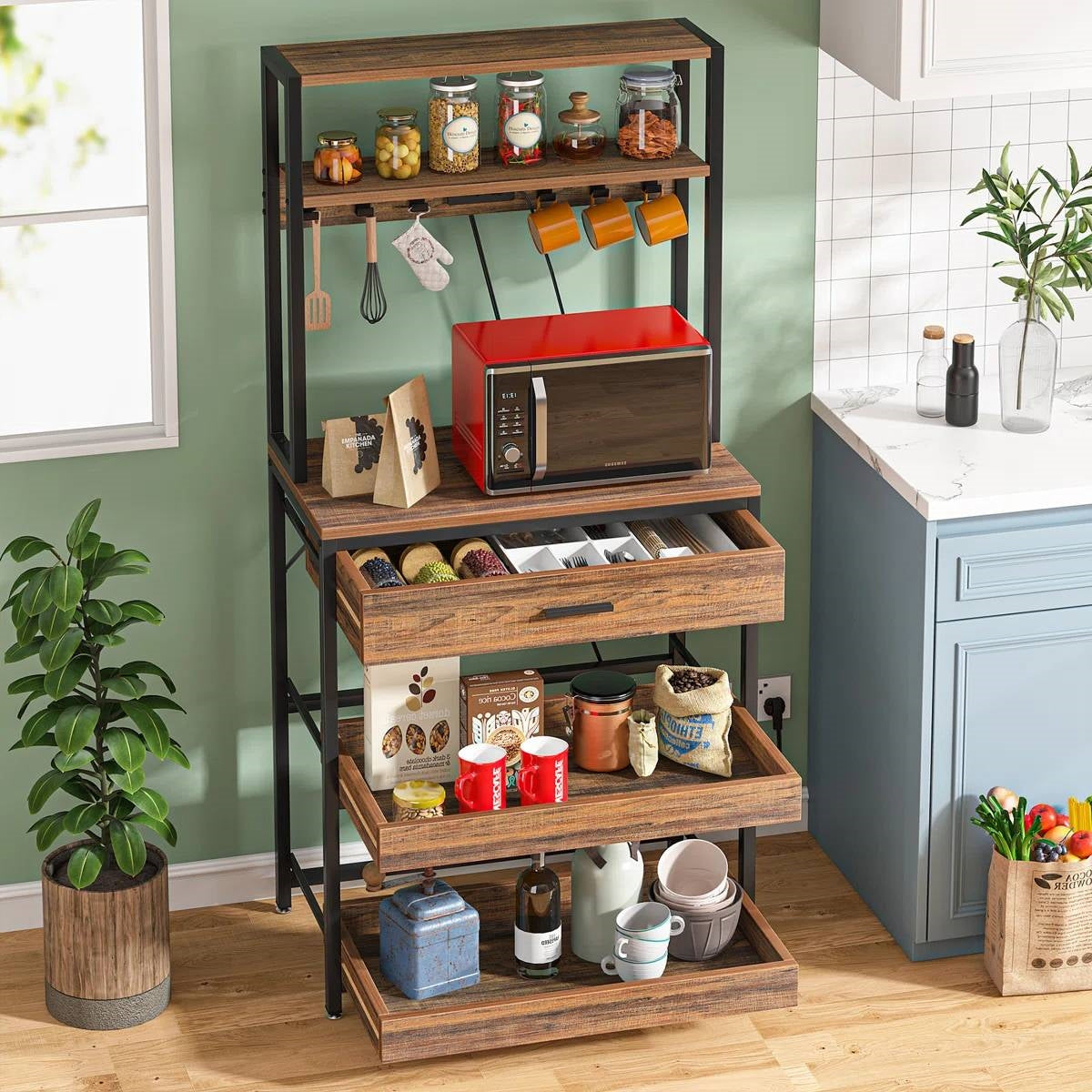 Modern Baker's Rack Shelving Unit with Pull-Out Shelves and Storage Drawer-1