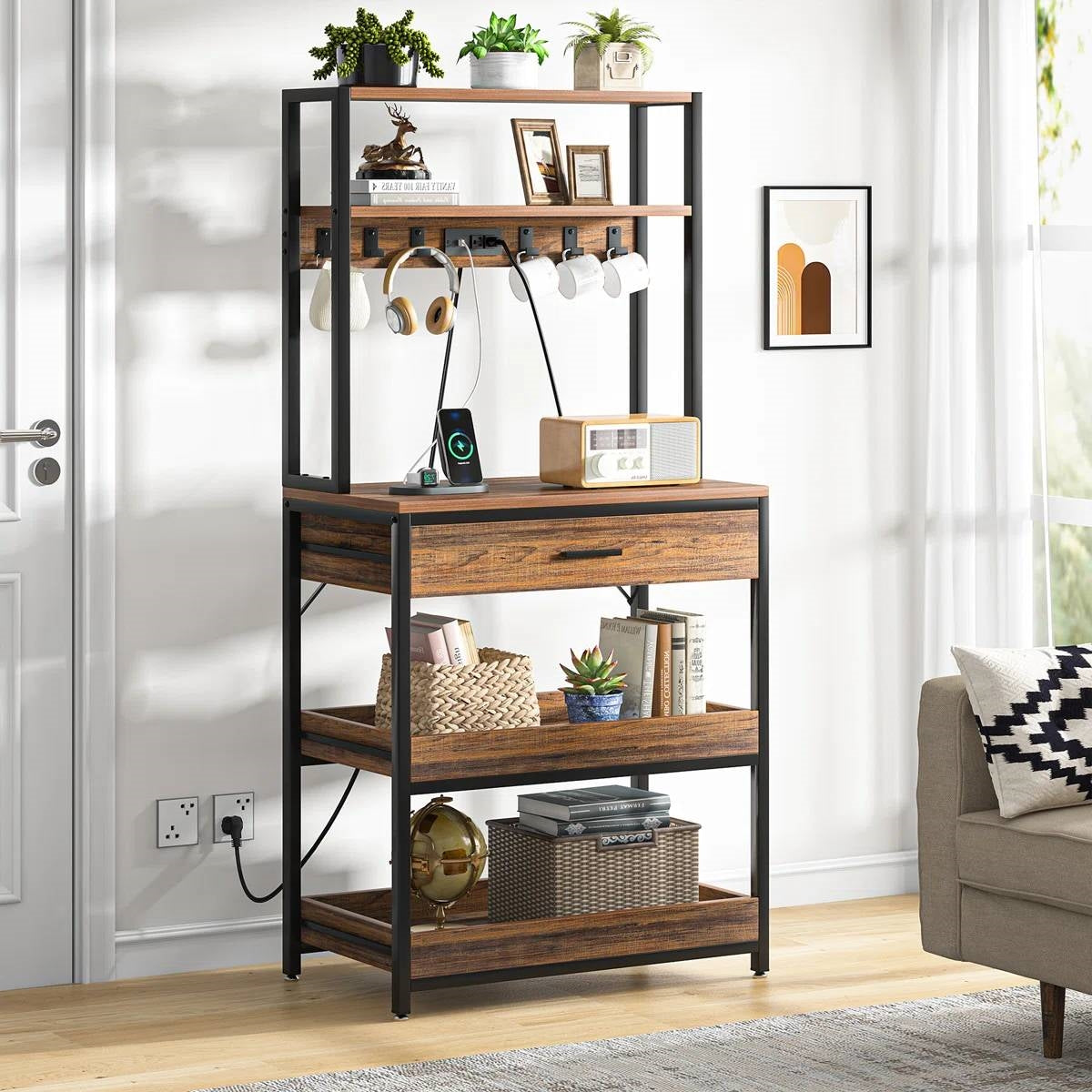 Modern Baker's Rack Shelving Unit with Pull-Out Shelves and Storage Drawer-3
