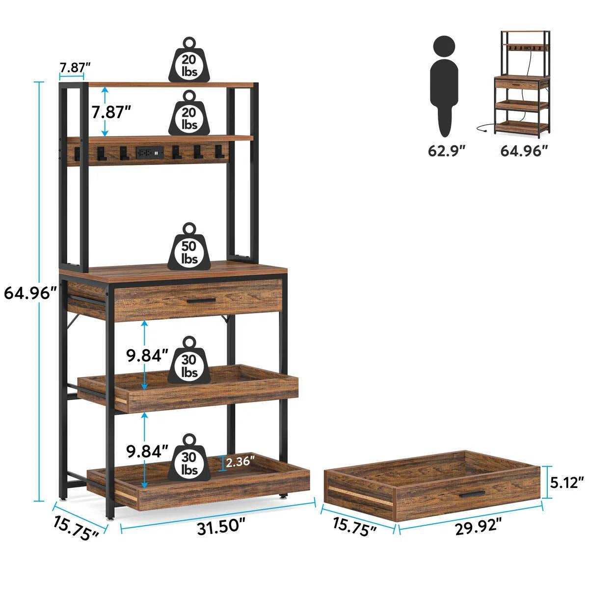 Modern Baker's Rack Shelving Unit with Pull-Out Shelves and Storage Drawer-4