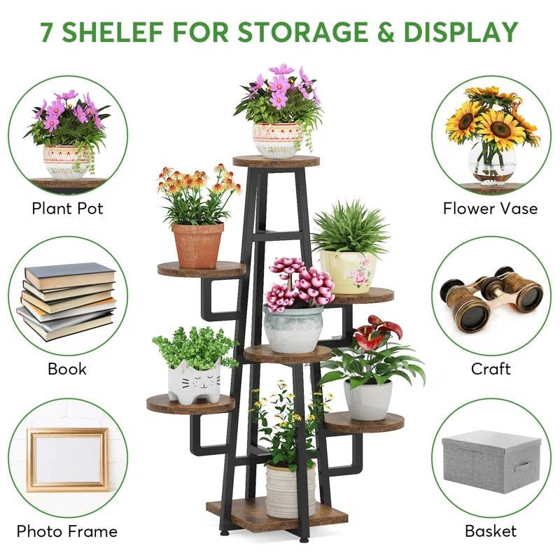 Modern Indoor Multi-Tier Plant Stand with Black Metal Frame and Wood Shelves-3