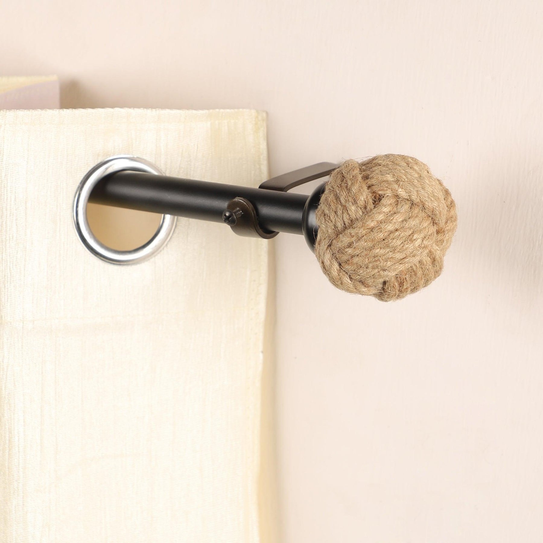 Black Extendable Curtain Pole | 25mm | Jute Rope Finials | 61-366cm-0