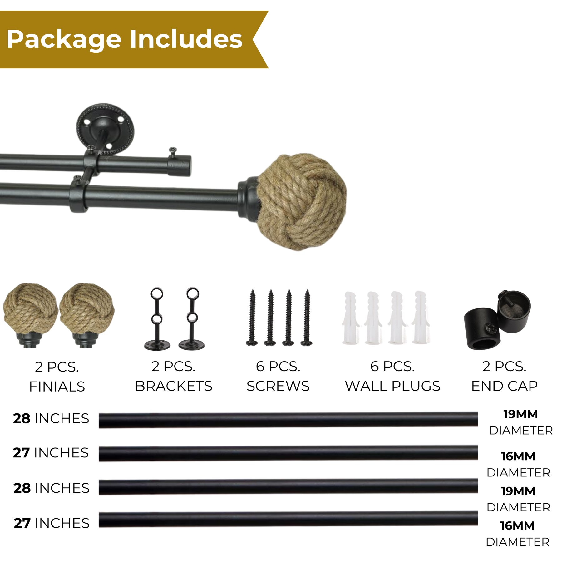 Black Double Curtain Pole with Rope Finials | Extendable & Adjustable | 28 to 144 Inch-4