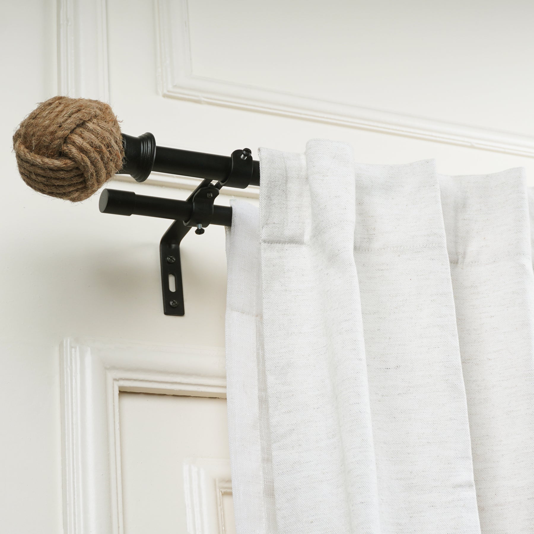Black Double Curtain Pole with Rope Finials | Extendable & Adjustable | 28 to 144 Inch-1
