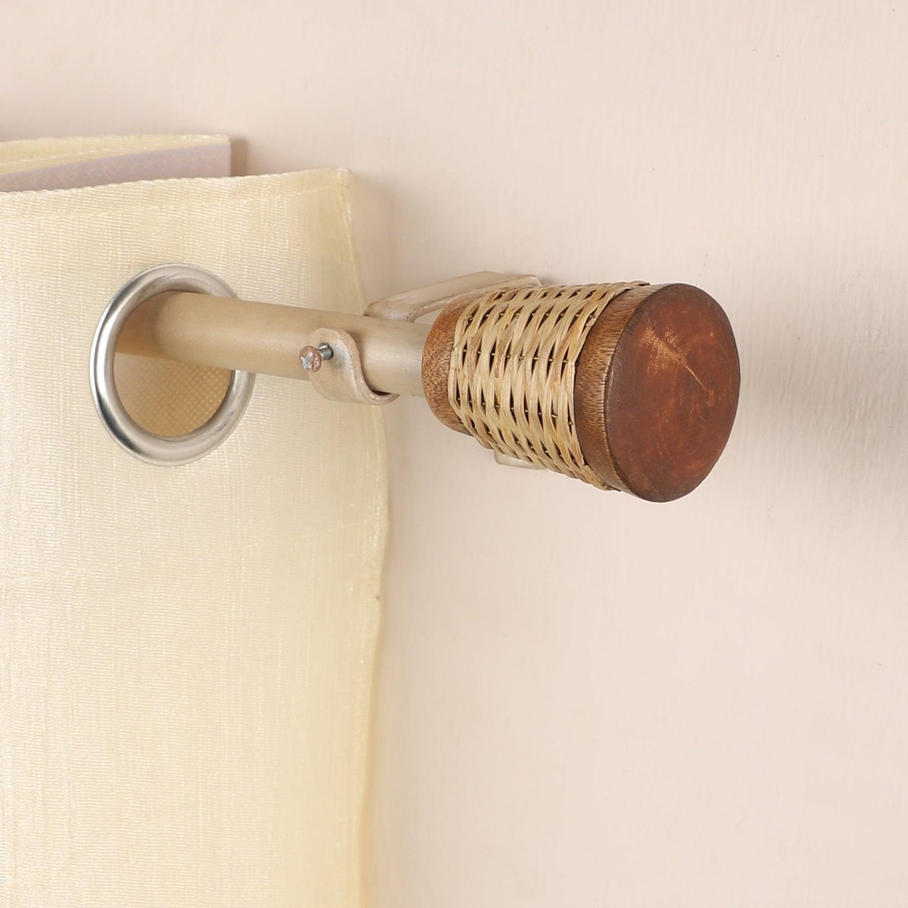Beige Extendable Curtain Pole | Wooden Rattan Woven Finials | 61-366cm-0