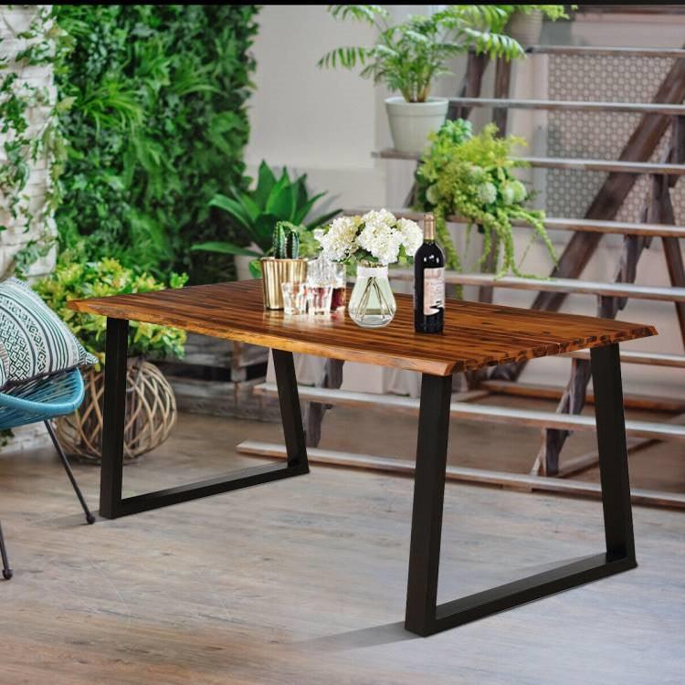 Modern Indoor Outdoor Metal Frame Wood Top Patio or Kitchen Dining Table - PRHOMZ