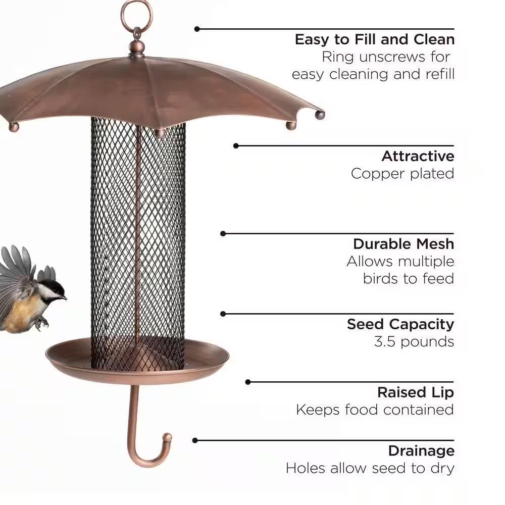 Copper Umbrella Bird Feeder with Mesh Tube Revivor - 3.5 lbs. Seed Capacity - PRHOMZ