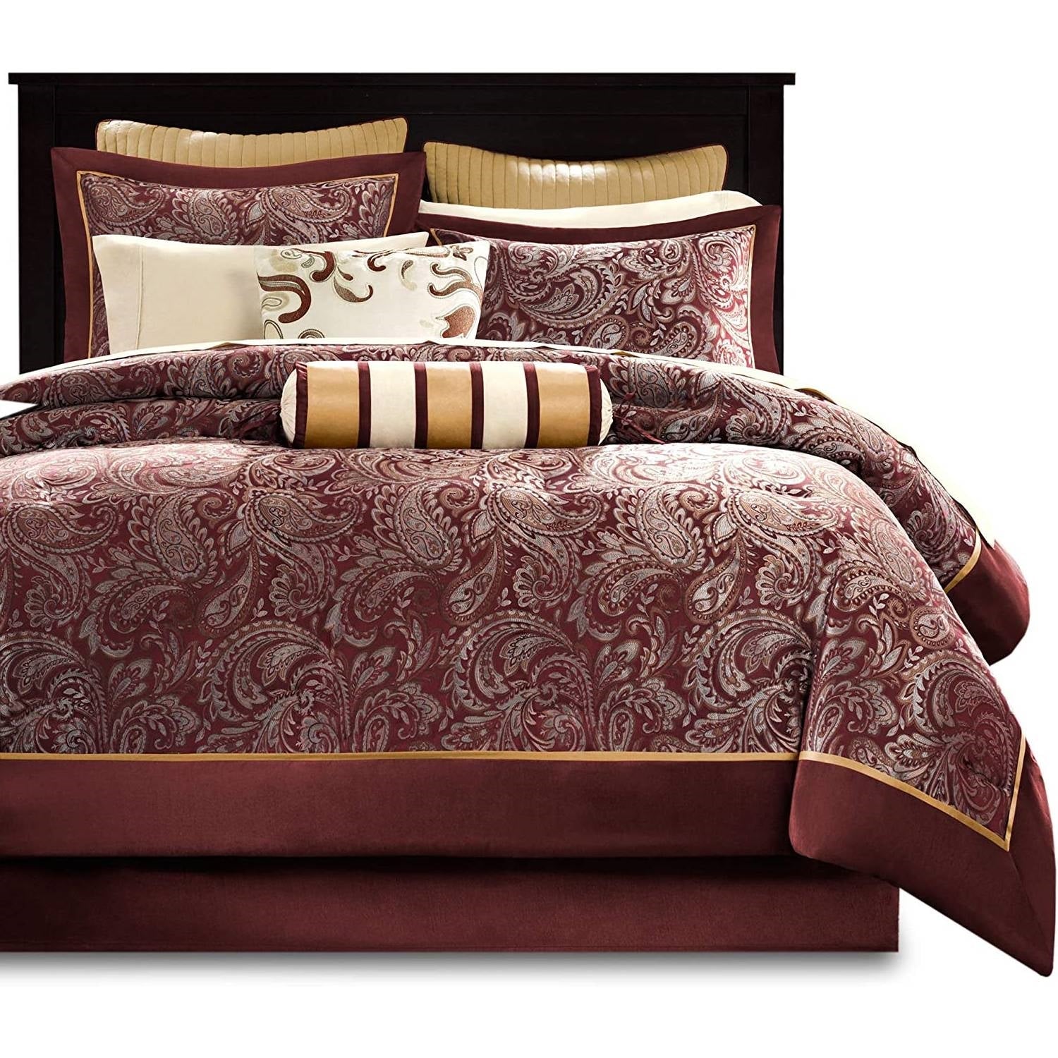 King 12 Piece Cotton Polyester Comforter Set Red Gold Paisley-0