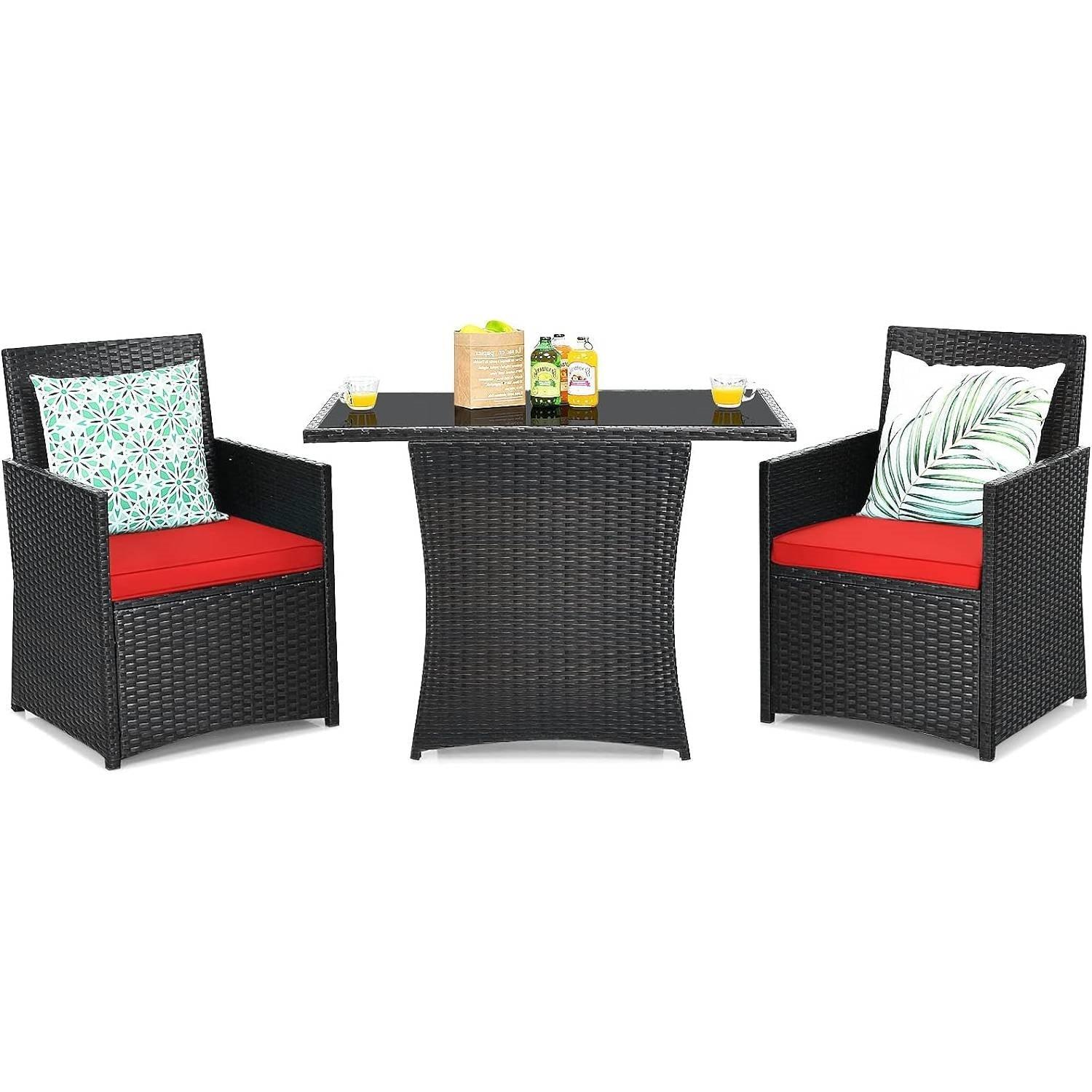 3-Piece Patio Furniture Outdoor Dining Set in Brown PE Rattan with Red Cushions - PRHOMZ