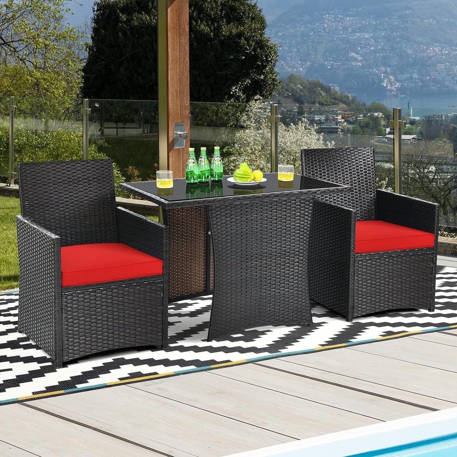 3-Piece Patio Furniture Outdoor Dining Set in Brown PE Rattan with Red Cushions - PRHOMZ
