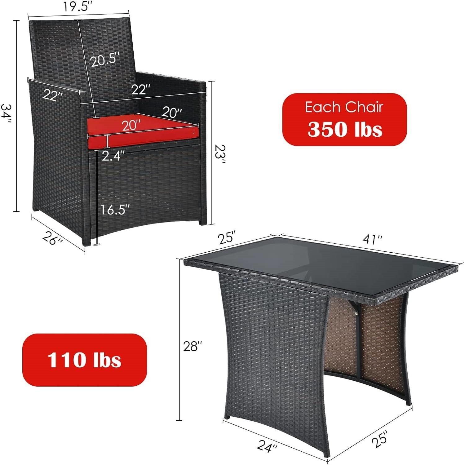 3-Piece Patio Furniture Outdoor Dining Set in Brown PE Rattan with Red Cushions - PRHOMZ