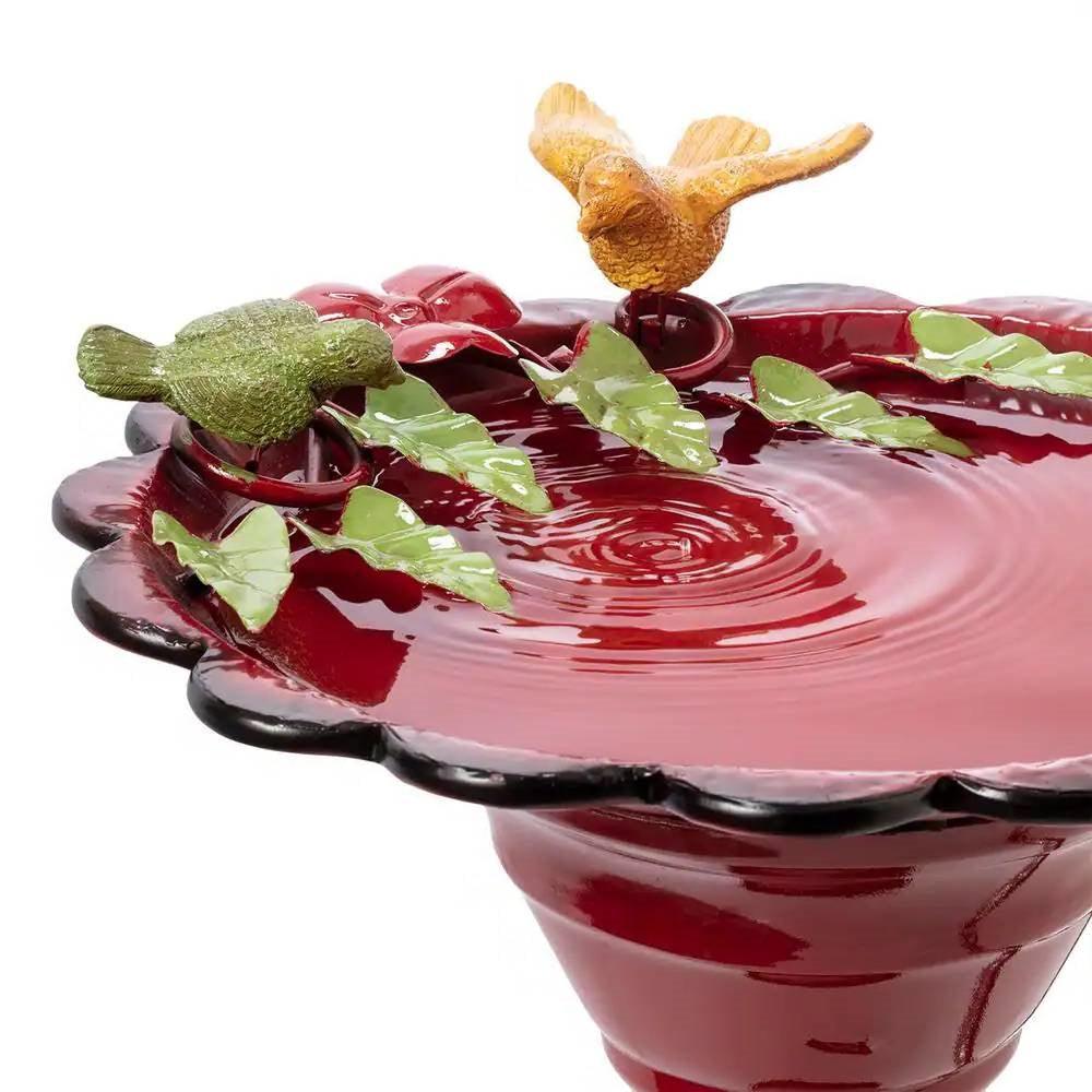 Red Metal Outdoor Garden Patio Birdbath with Decorative Bird Leaf Figurines - PRHOMZ
