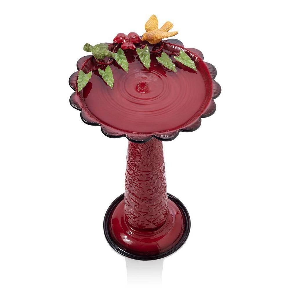 Red Metal Outdoor Garden Patio Birdbath with Decorative Bird Leaf Figurines - PRHOMZ