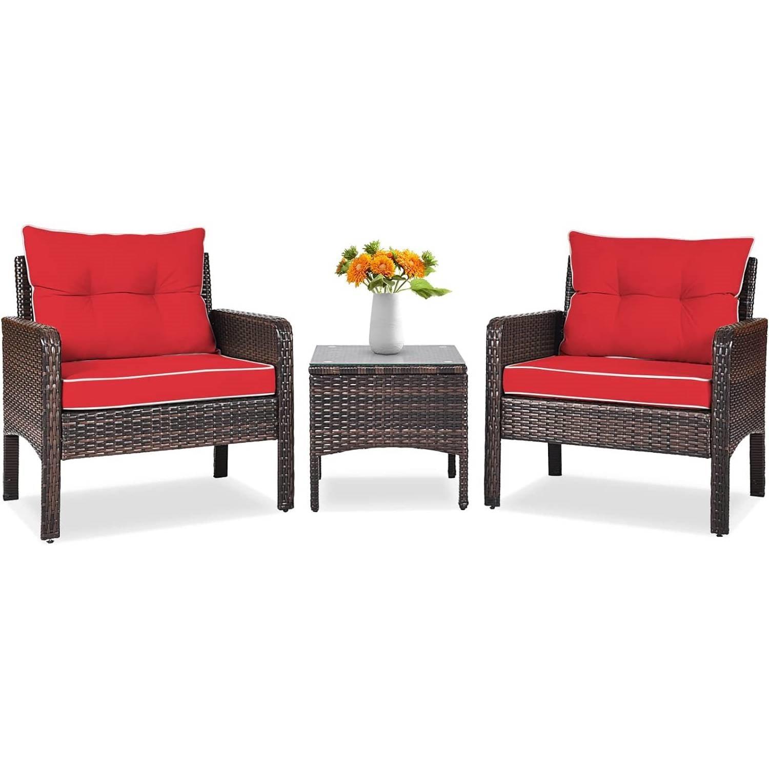 3-Piece Brown PE Rattan Outdoor Dining Patio Furniture Set with Red Cushions - PRHOMZ