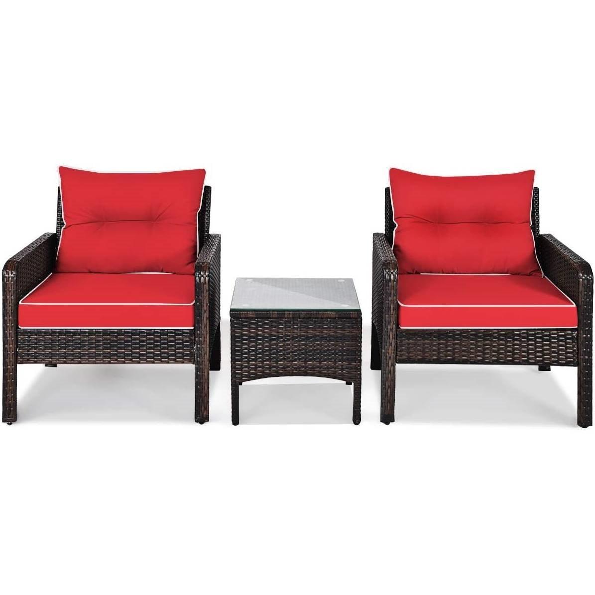 3-Piece Brown PE Rattan Outdoor Dining Patio Furniture Set with Red Cushions - PRHOMZ