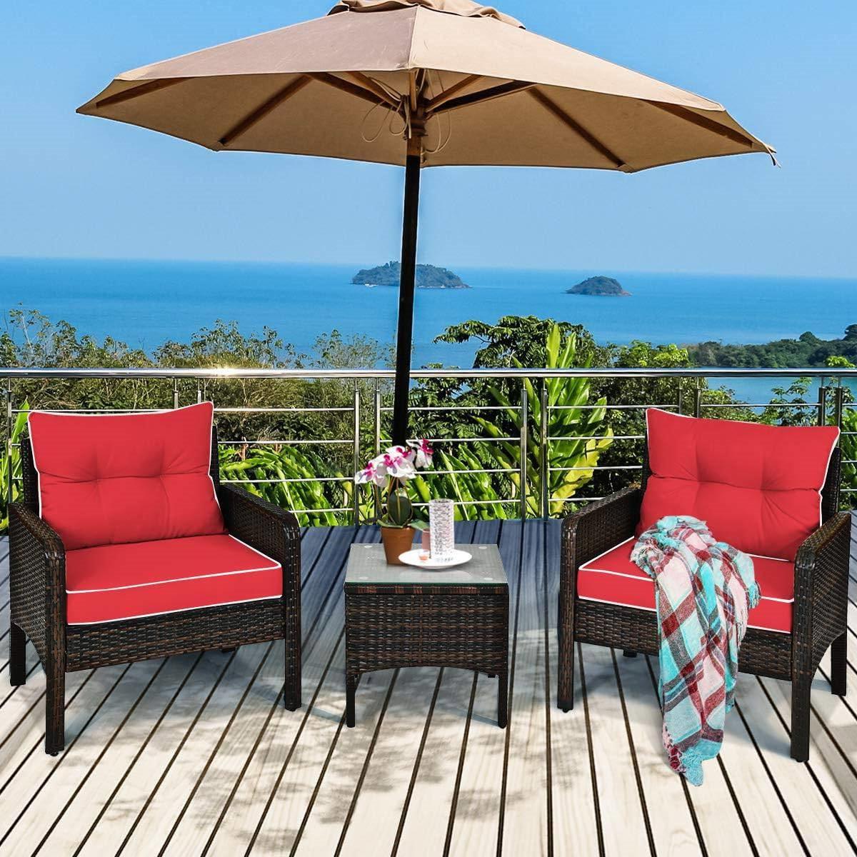 3-Piece Brown PE Rattan Outdoor Dining Patio Furniture Set with Red Cushions - PRHOMZ