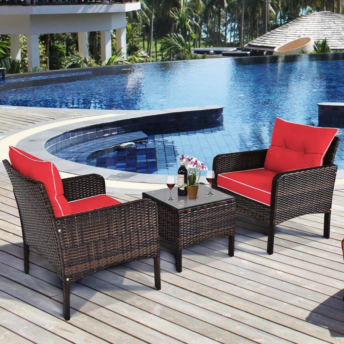 3-Piece Brown PE Rattan Outdoor Dining Patio Furniture Set with Red Cushions - PRHOMZ
