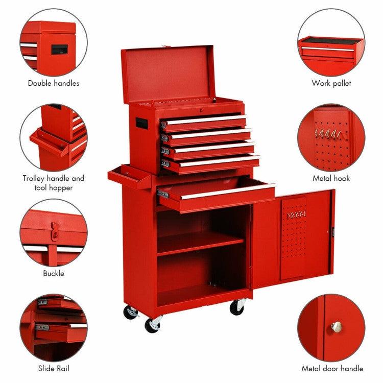 Red Heavy Duty Steel Lockable Rolling Tool Chest Mobile Garage Storage Cart - PRHOMZ