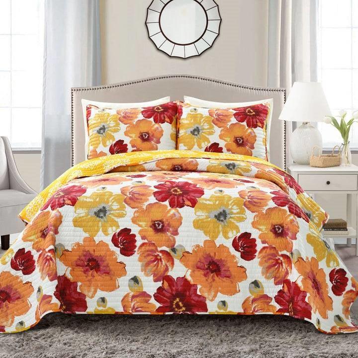 Full/Queen Red Orange Flowers Lightweight Polyester Microfiber Quilt Set - PRHOMZ