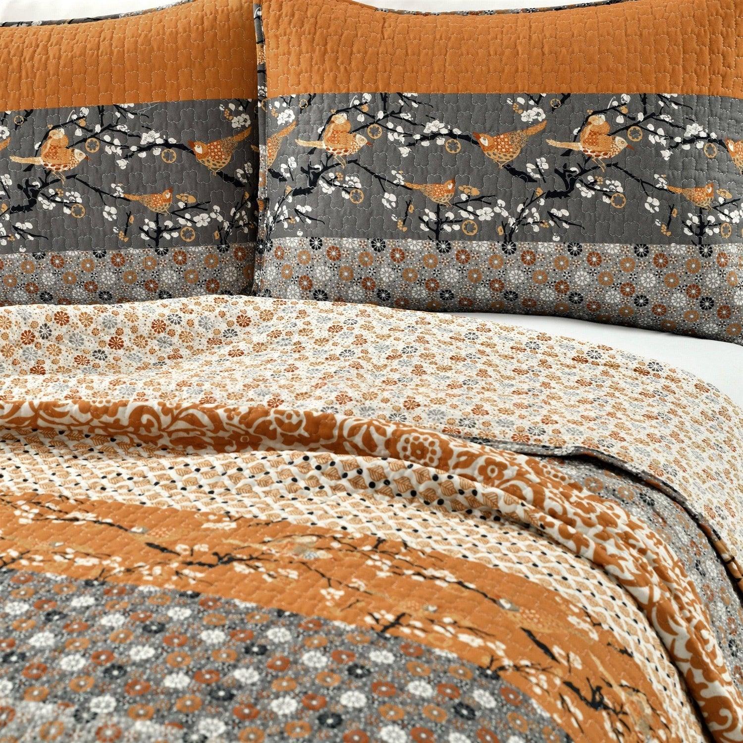 Full/Queen Size Orange Grey Floral Birds Reversible 3 Piece Quilt Set - PRHOMZ