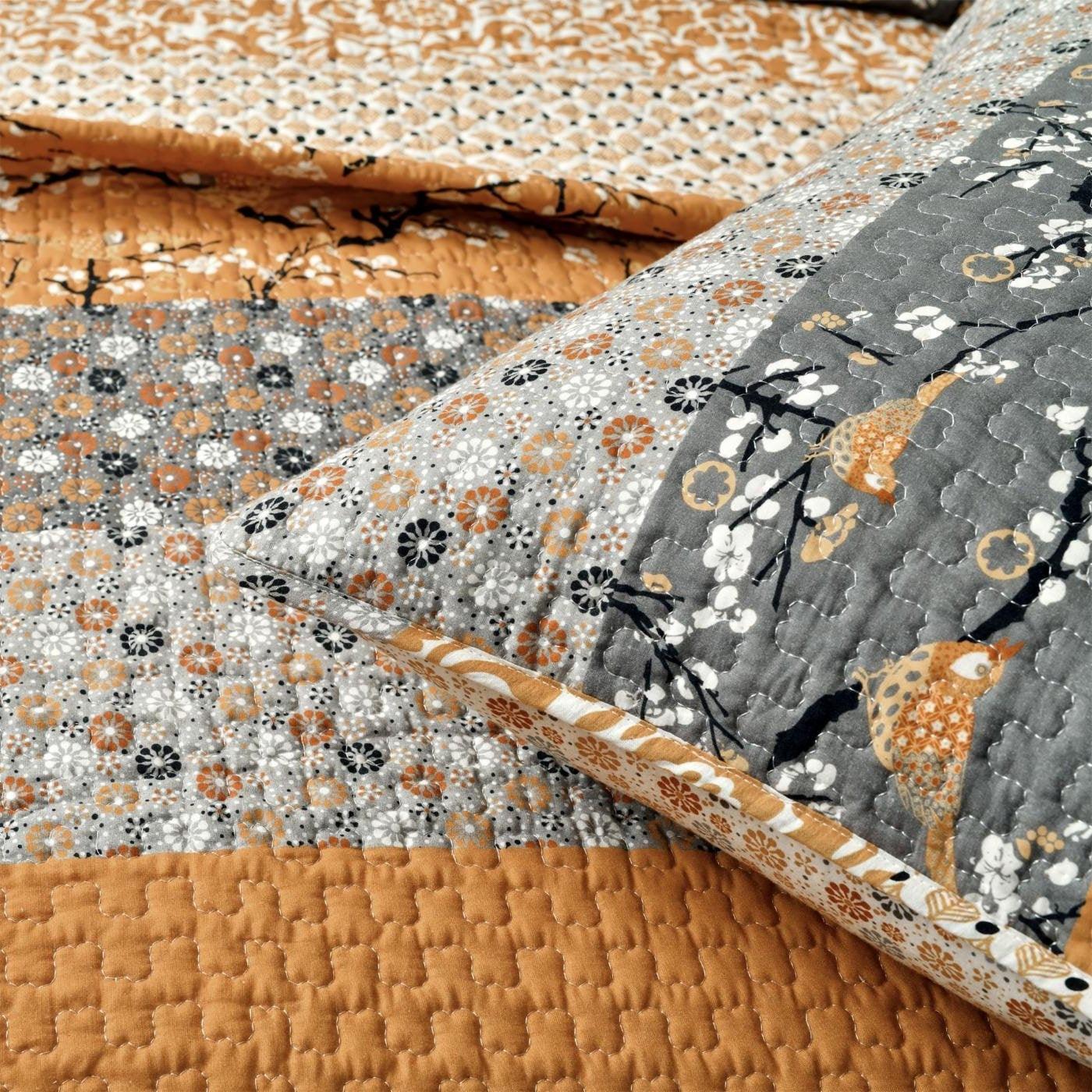 Full/Queen Size Orange Grey Floral Birds Reversible 3 Piece Quilt Set - PRHOMZ