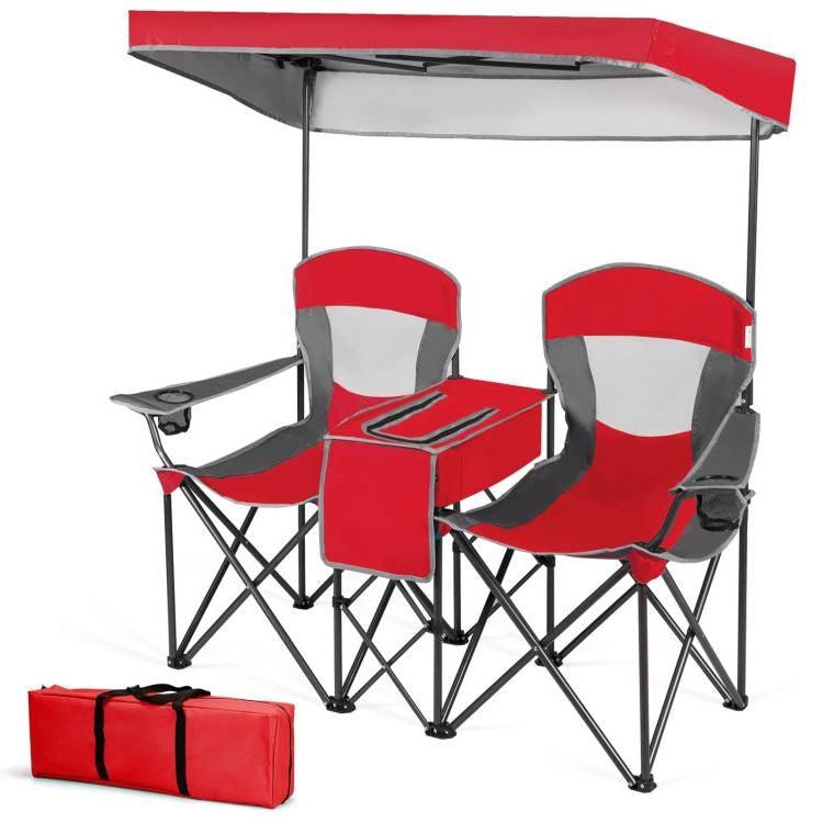 Red 2-Piece Folding Camping Canopy Chairs Set with Cup Holder and Storage Pocket - PRHOMZ
