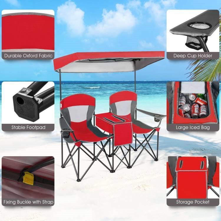 Red 2-Piece Folding Camping Canopy Chairs Set with Cup Holder and Storage Pocket - PRHOMZ