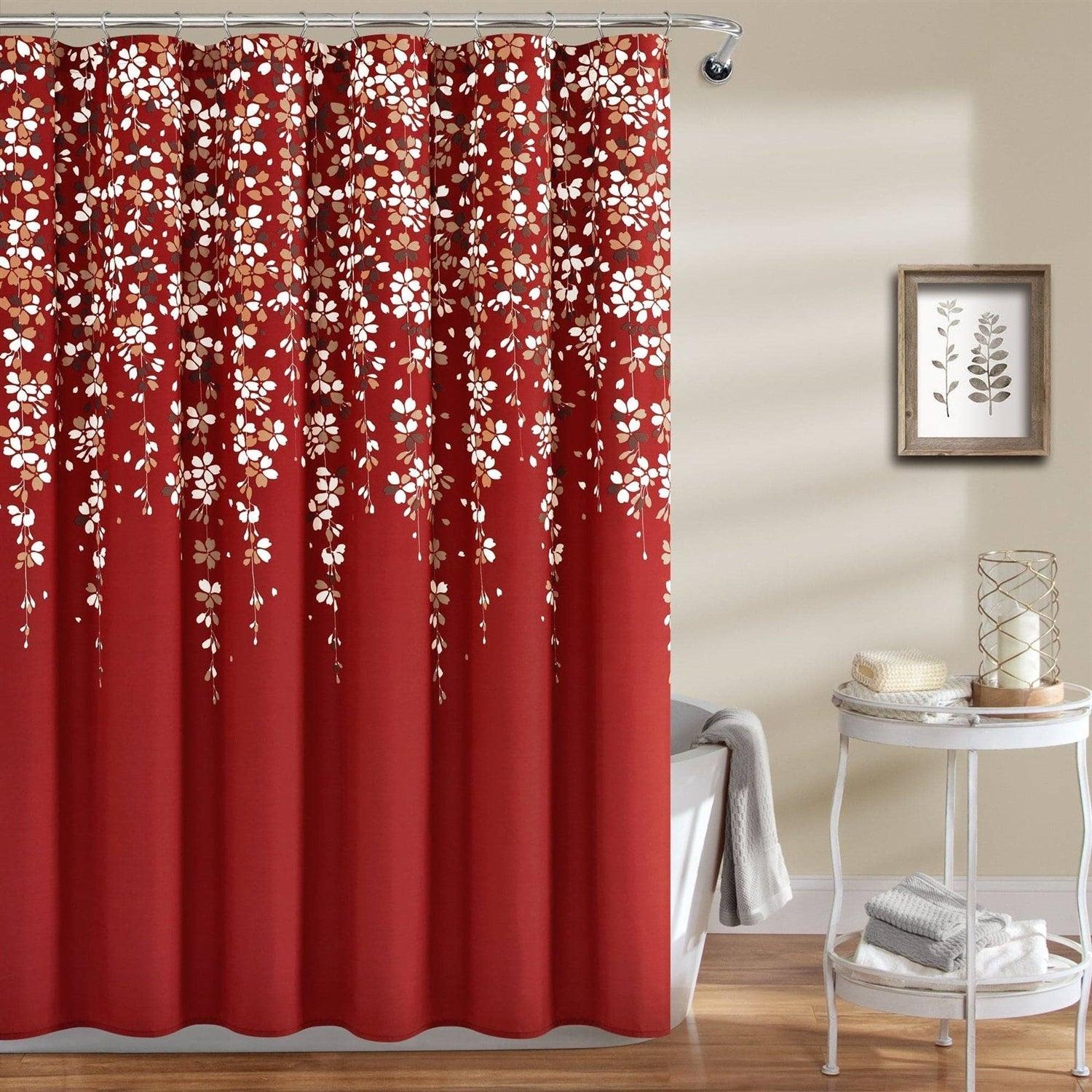 72-inch Red White and Flowers Vines Floral Shower Curtain - PRHOMZ