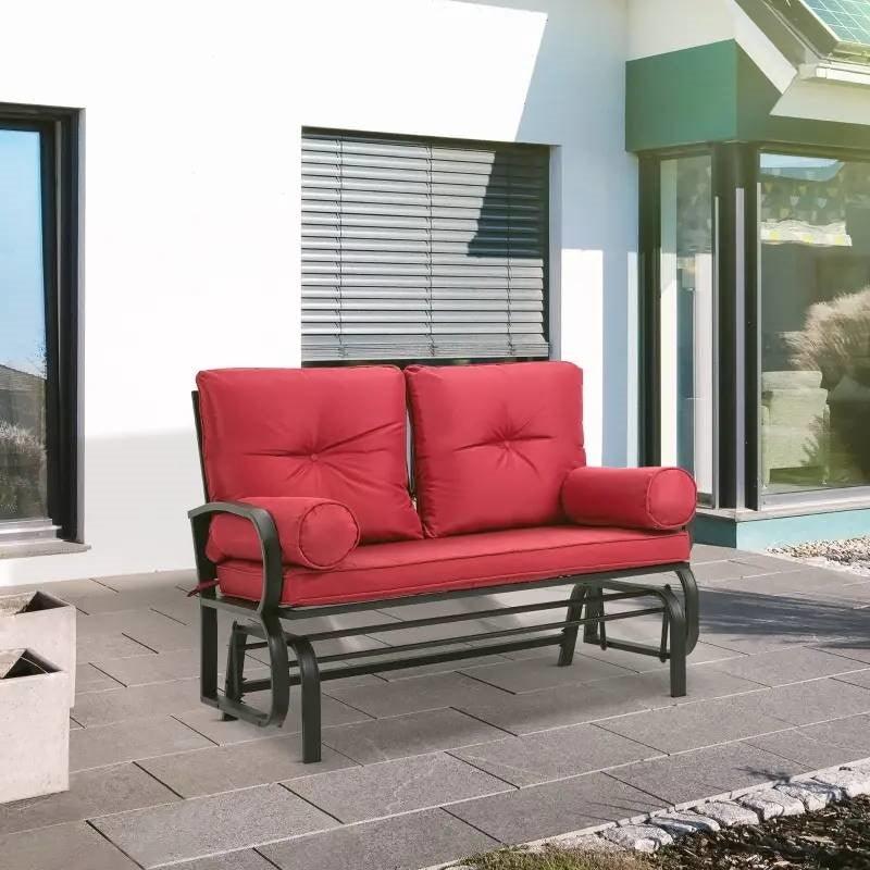 Steel Outdoor Garden Patio Rocking Glider Chair Loveseat with Red Cushions - PRHOMZ